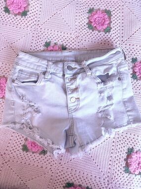 No Boundaries Pale Blue Distressed Denim Button-Front Shorts